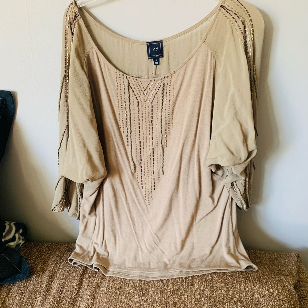 Tan 3/4 sleeve beaded top